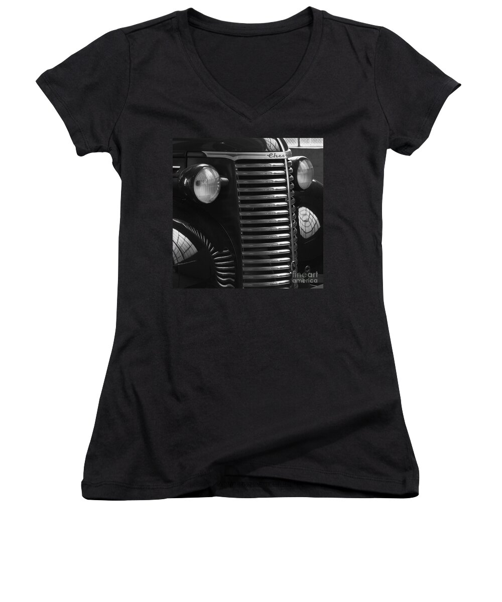 Truck Women's V-Neck featuring the photograph Antique Truck Black and White by Wilma Birdwell
