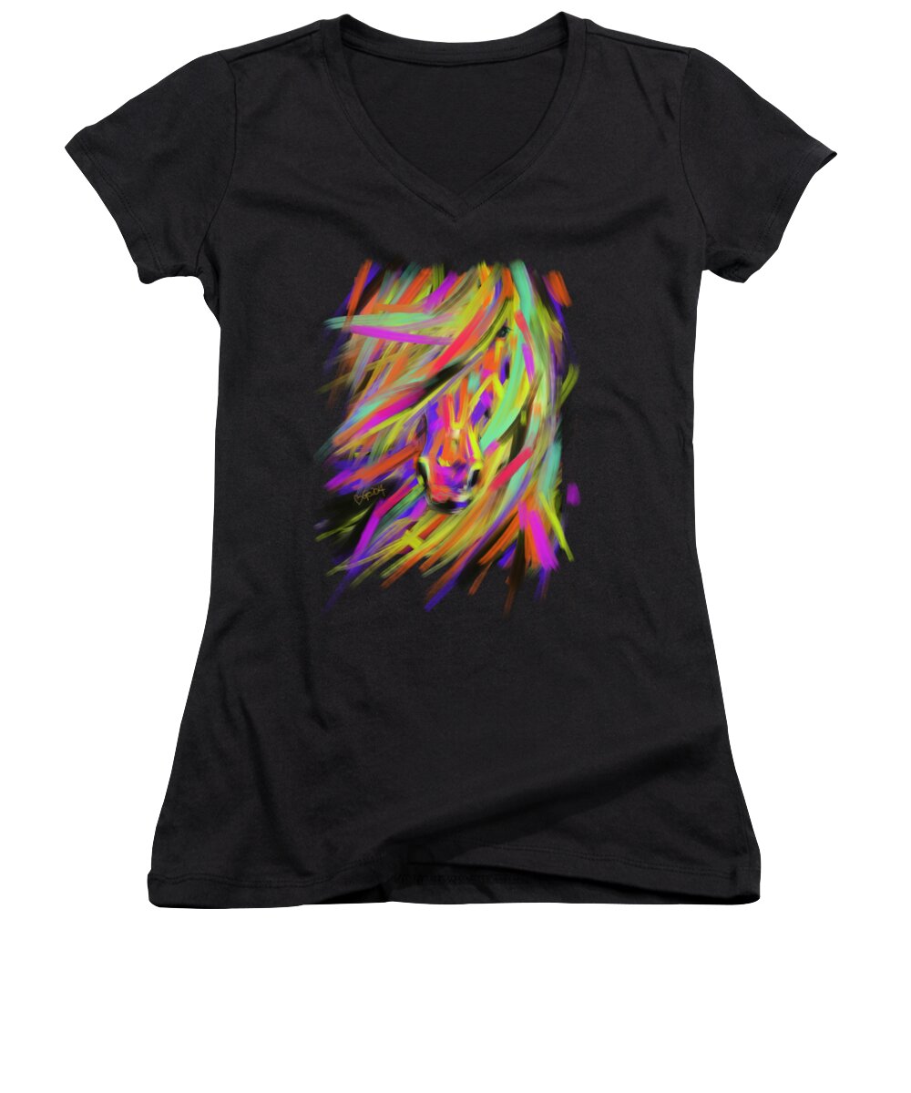 Horse Women's V-Neck featuring the painting Horse Rainbow Hair by Go Van Kampen