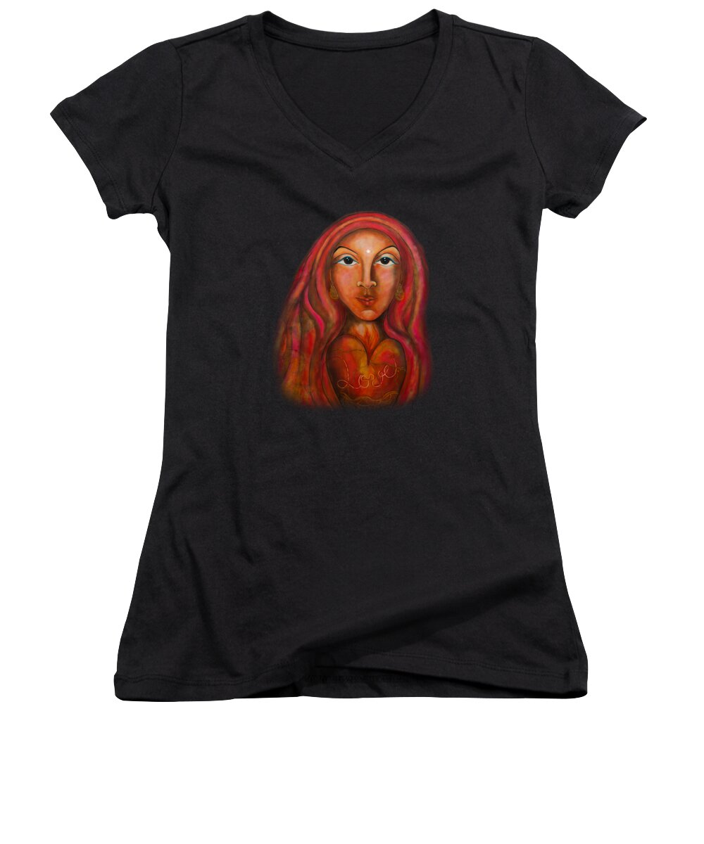 Red Thread Madonna Painting Women's V-Neck featuring the painting Red Thread Madonna by Deborha Kerr