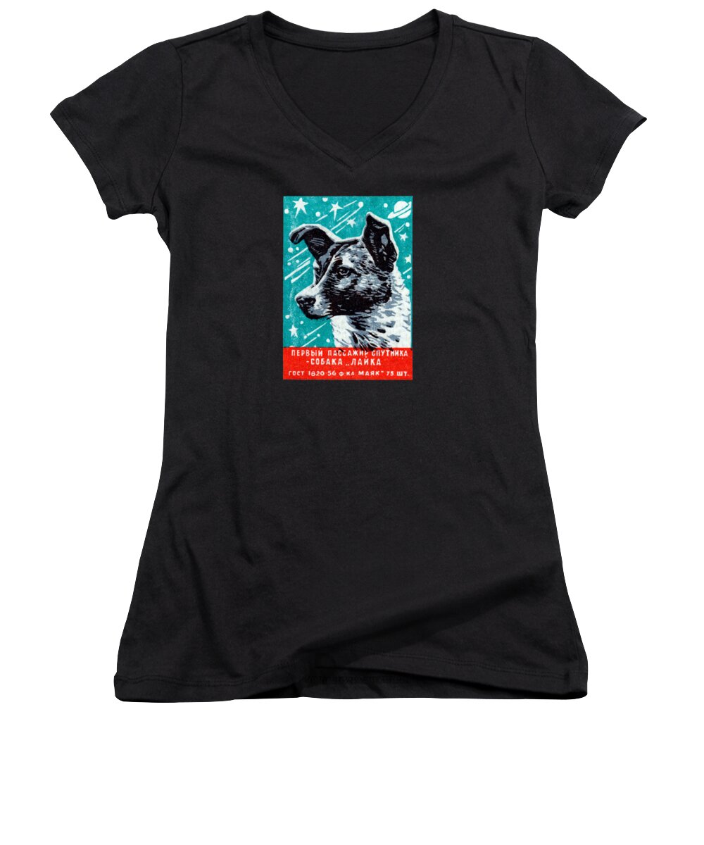 Vintage Women's V-Neck featuring the painting 1957 Laika the Space Dog by Historic Image