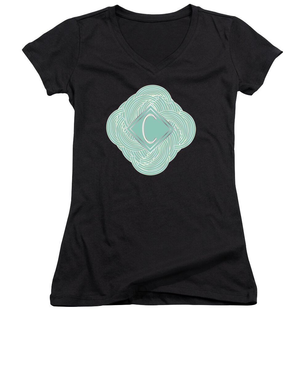 Monogrammed Women's V-Neck featuring the digital art 1920s Blue Deco Jazz Swing Monogram ...letter C by Cecely Bloom