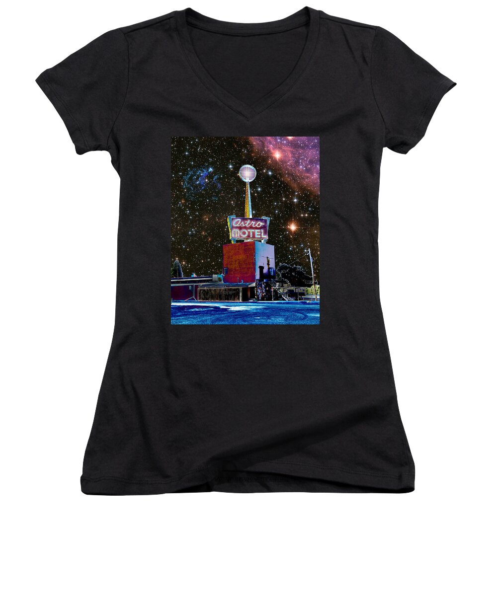 Astro Women's V-Neck featuring the photograph Astro Motel by Jim And Emily Bush