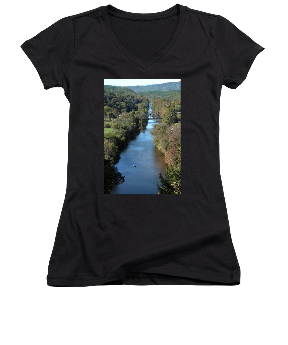 River Women's V-Neck featuring the photograph Autumn landscape with Tye River in Nelson County, Virginia by Emanuel Tanjala