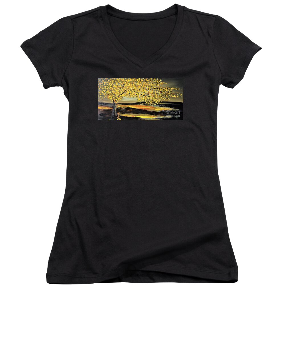 Contemporary Paintings Women's V-Neck featuring the painting Autumn by Preethi Mathialagan