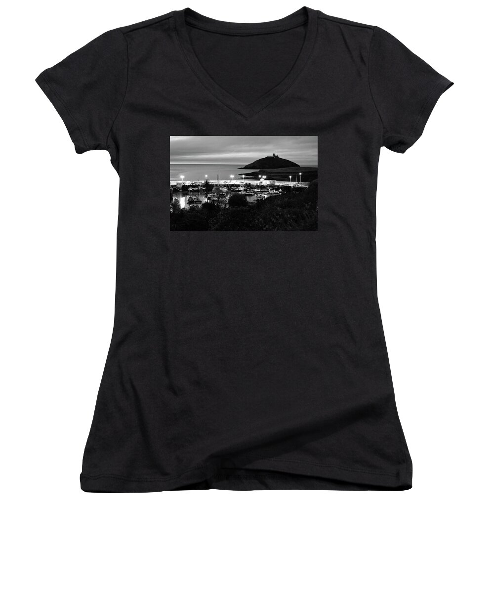 Travelpixpro Ireland Women's V-Neck featuring the photograph Ballycotton Ireland Marina Harbour and Lighthouse East County Cork Black and White by Shawn O'Brien