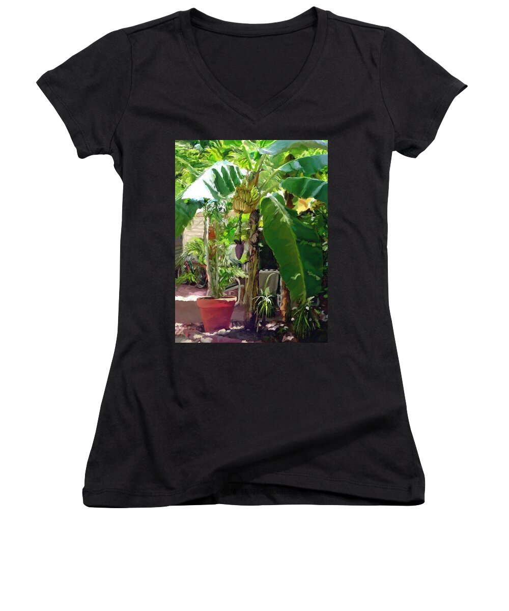 Tropical Women's V-Neck featuring the painting Banana Tree by David Van Hulst
