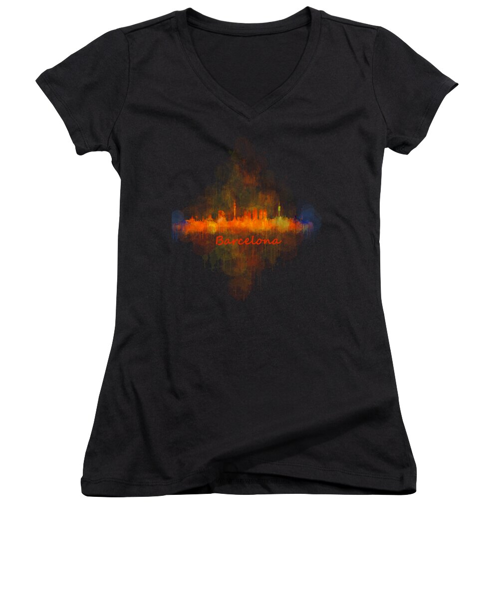 Barcelona Women's V-Neck featuring the painting Barcelona City Skyline uHq _v4 by HQ Photo