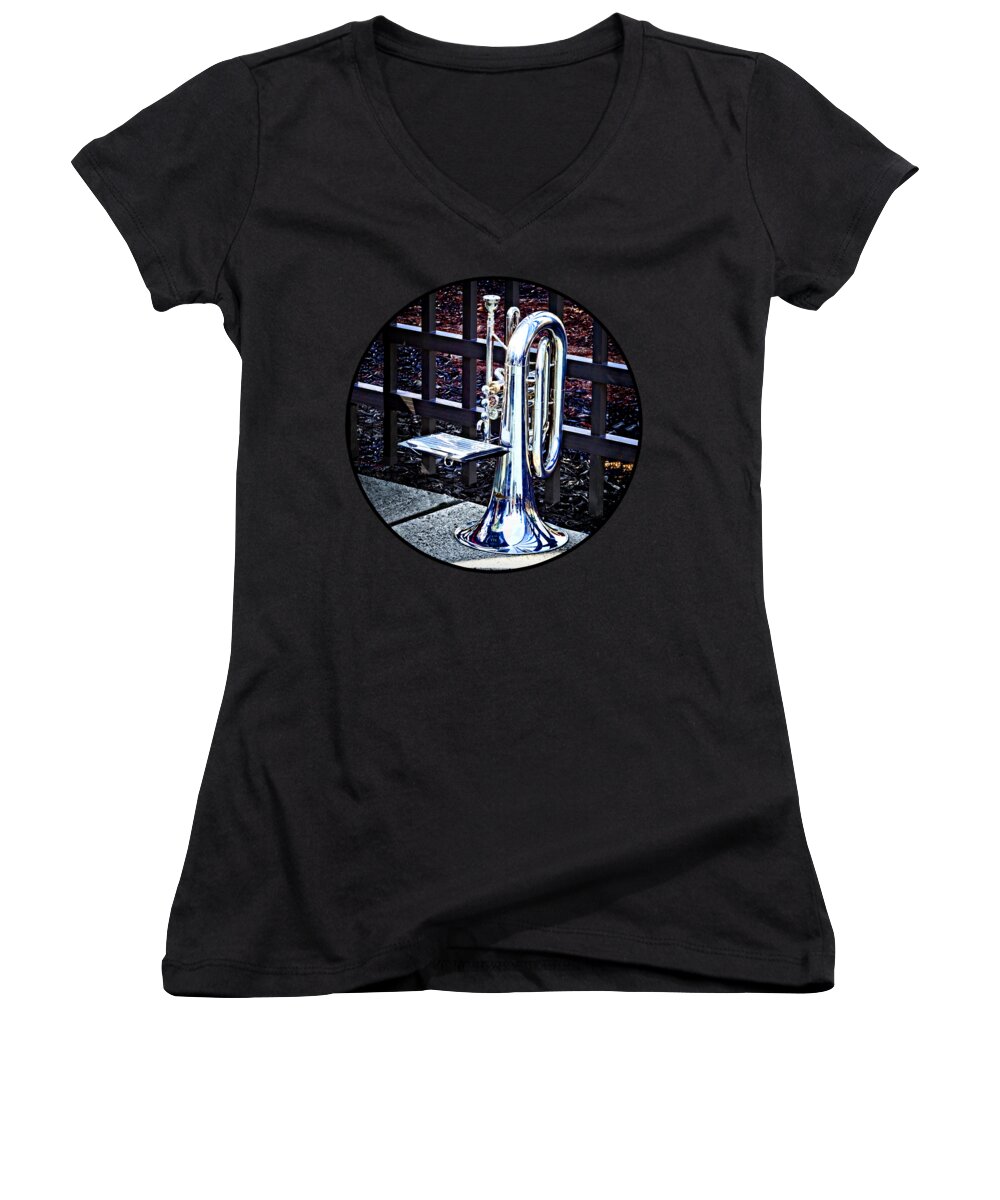 Brass Women's V-Neck featuring the photograph Baritone Horn Before Parade by Susan Savad
