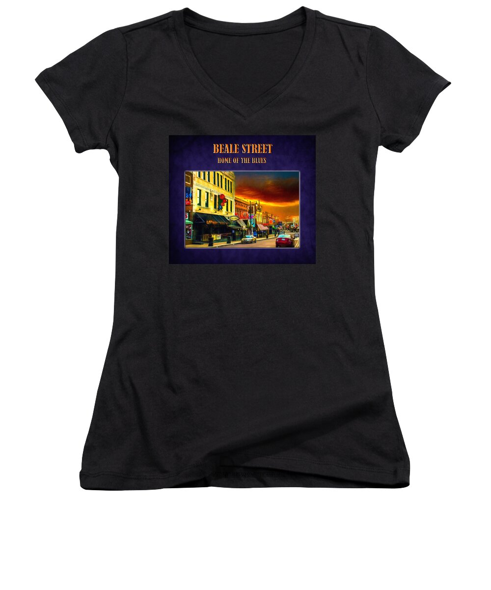 Beale Street Women's V-Neck featuring the photograph Beale Street - Home of the Blues by Barry Jones