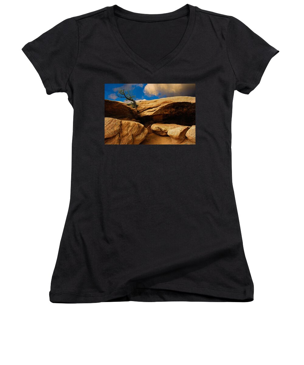 Harry Spitz Women's V-Neck featuring the photograph Between a Rock and a Hard Place by Harry Spitz