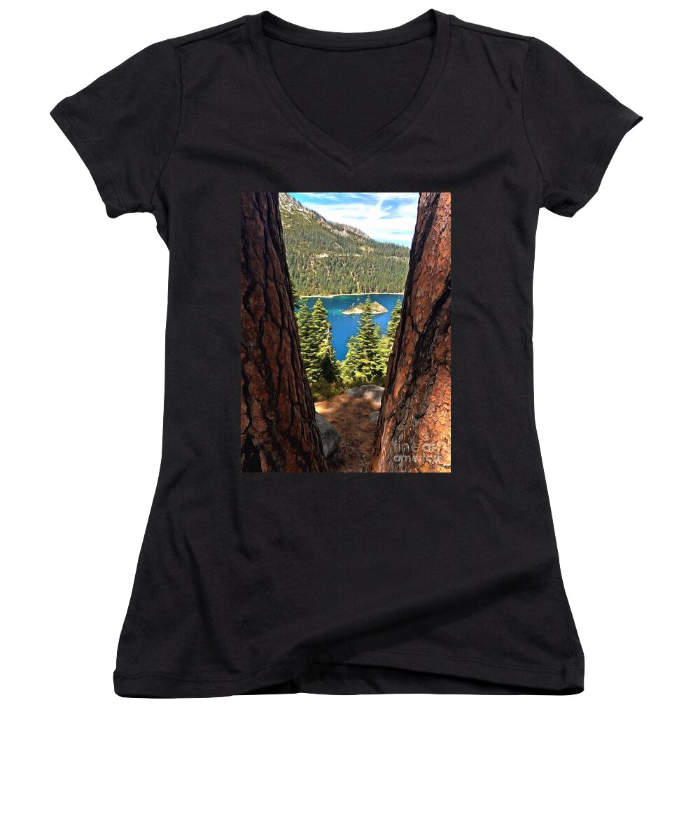 Lake Tahoe Women's V-Neck featuring the photograph Between The Pines by Krissy Katsimbras