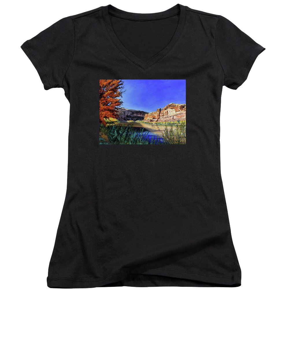 T L Women's V-Neck featuring the painting Big Bend on the Colorado by Timithy L Gordon