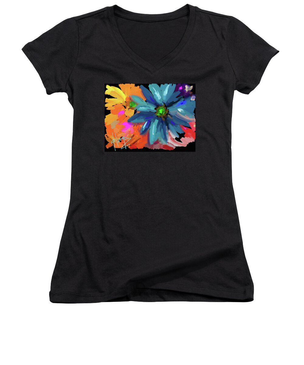 Blue Flower Women's V-Neck featuring the painting Big Blue Flower by DC Langer