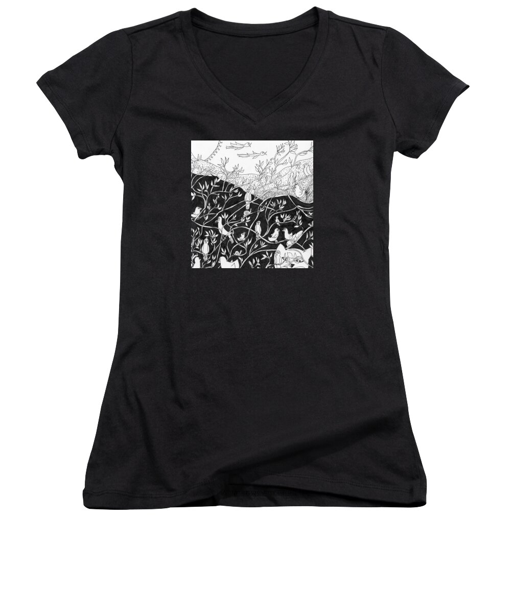 Black Women's V-Neck featuring the painting Bird Convention by Lou Belcher