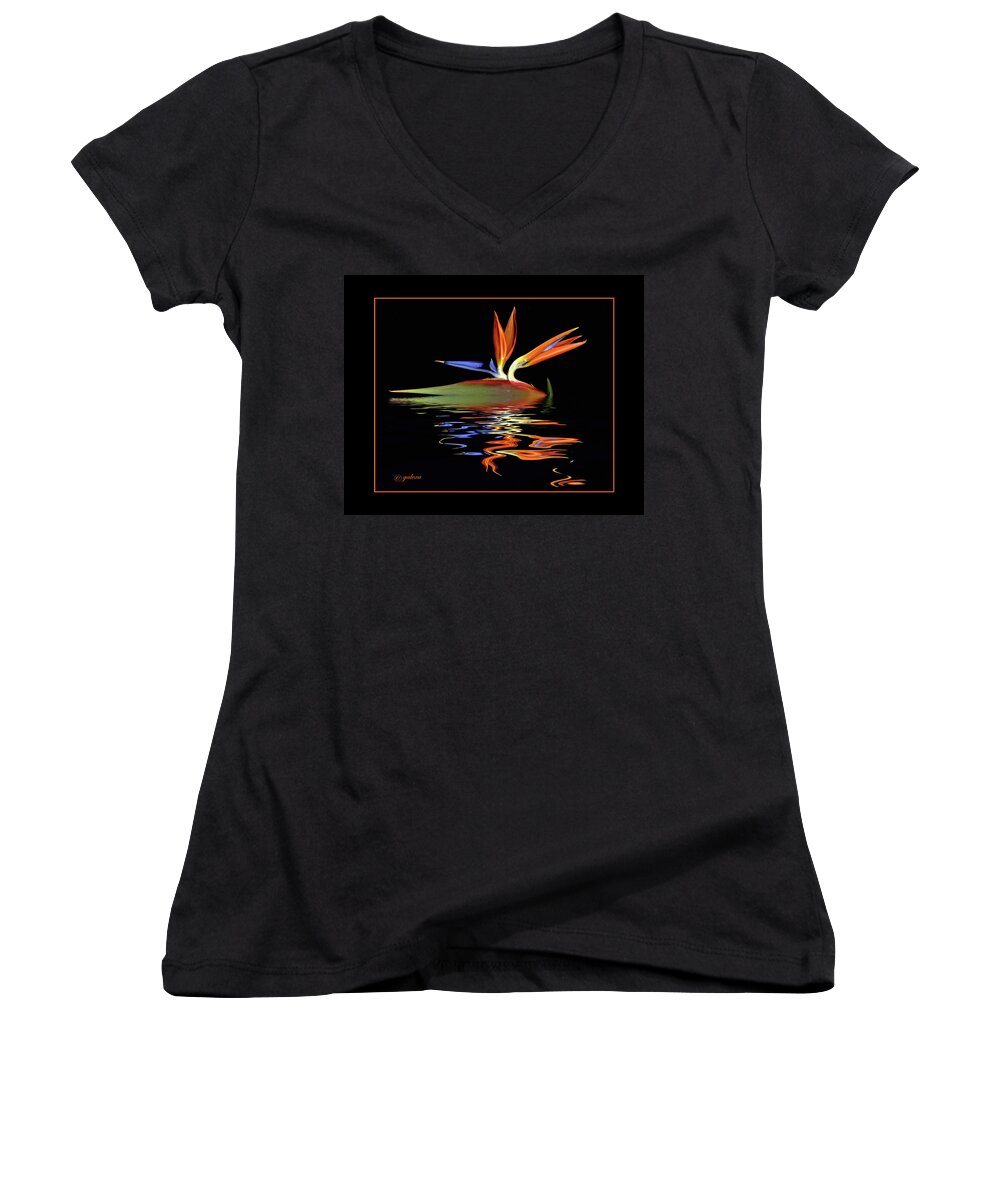 Tropical Flower Women's V-Neck featuring the photograph Bird of Paradise on water by Geraldine Alexander