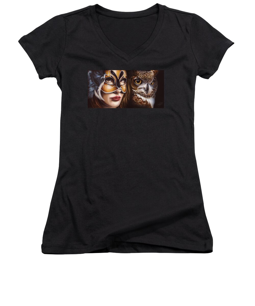 Owl Women's V-Neck featuring the painting Birds of Prey - Great Horned Owl by Wayne Pruse