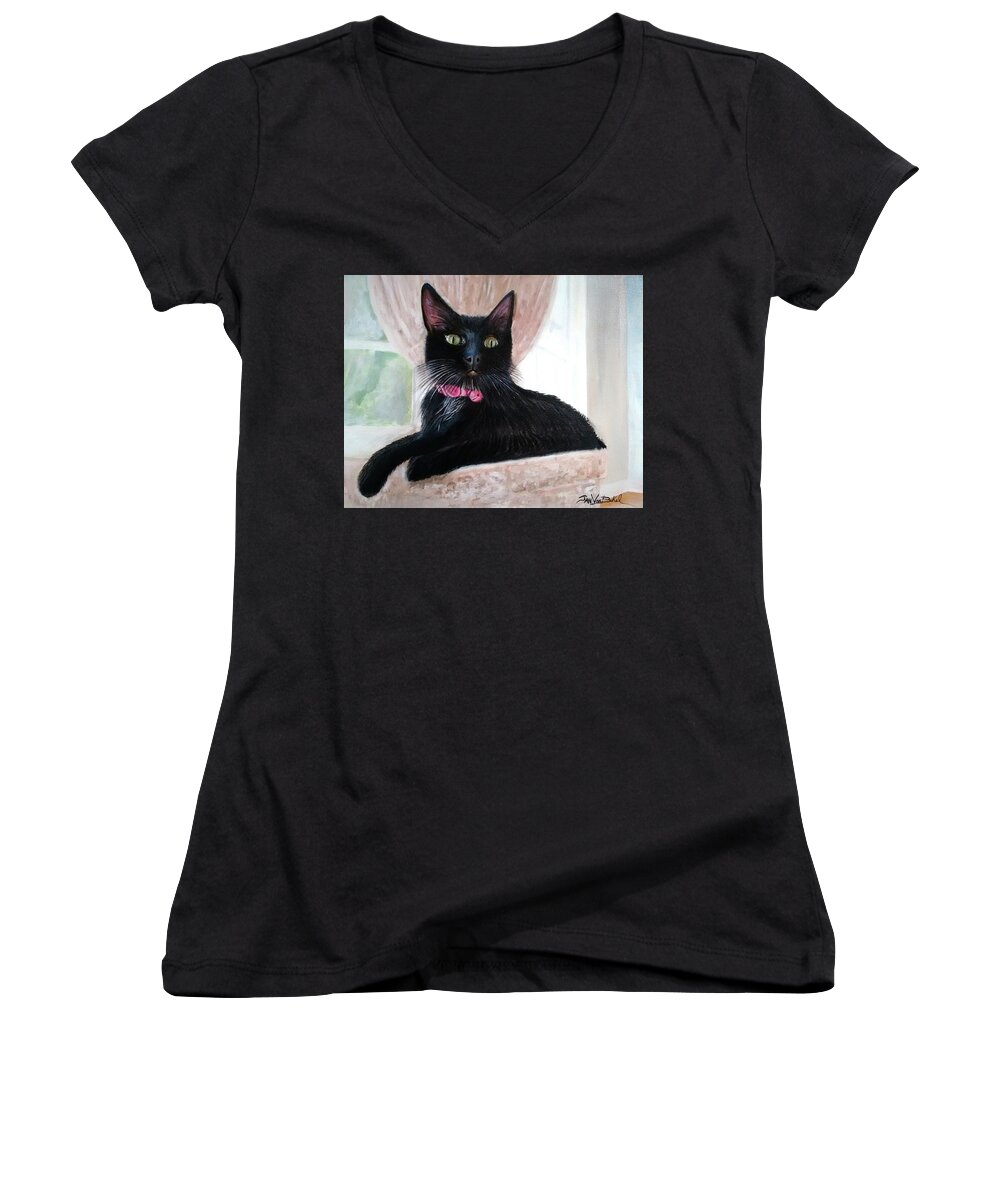 Black Cat Sitting Women's V-Neck featuring the painting Black Cat by Jan VonBokel