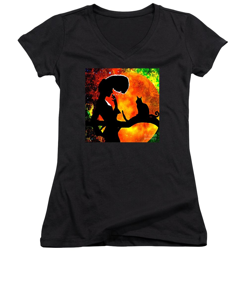 Cat Women's V-Neck featuring the painting Black Cats by Saundra Myles