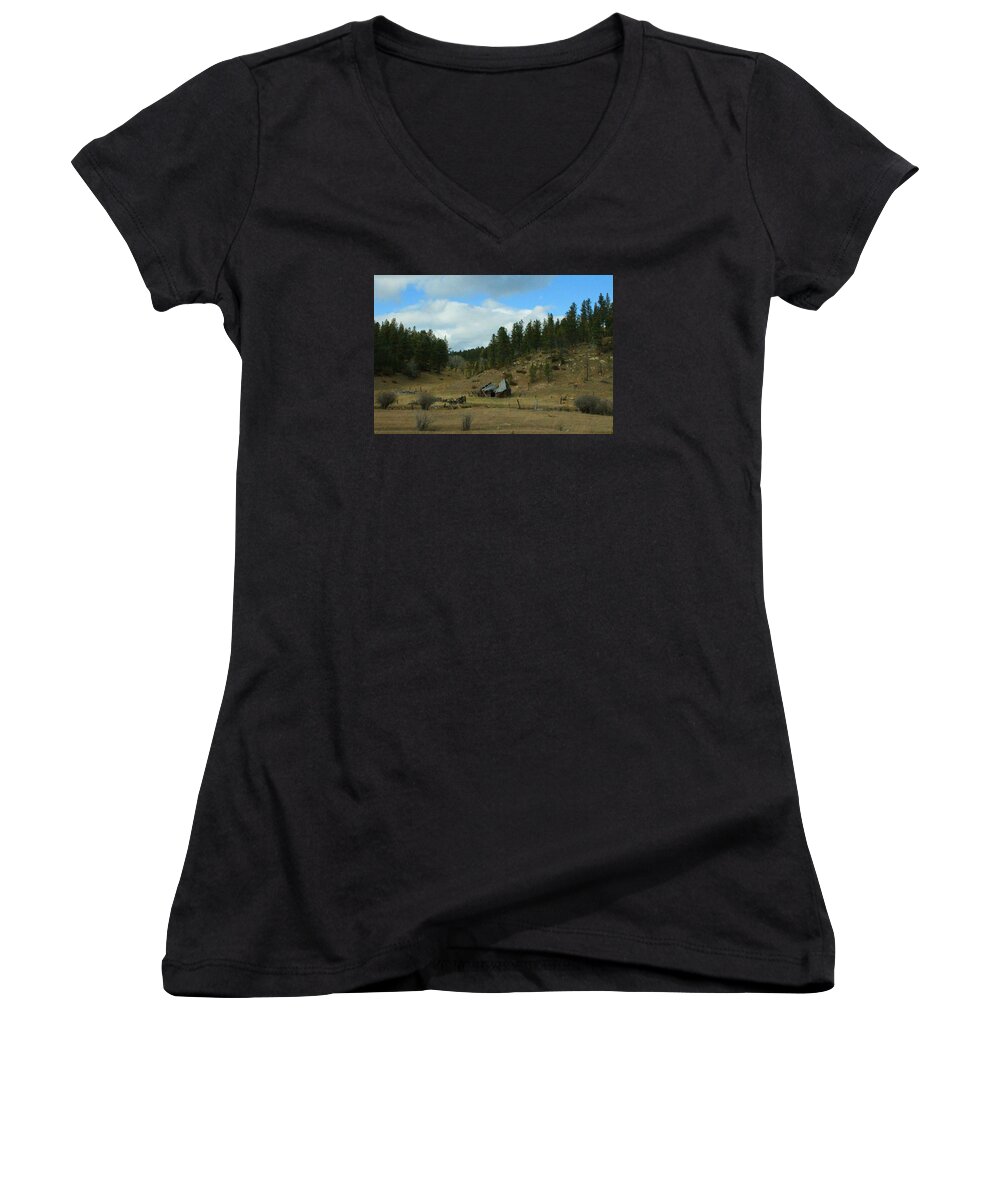 Old Cabin Women's V-Neck featuring the photograph Black Hills Broken Down Cabin by Christopher J Kirby
