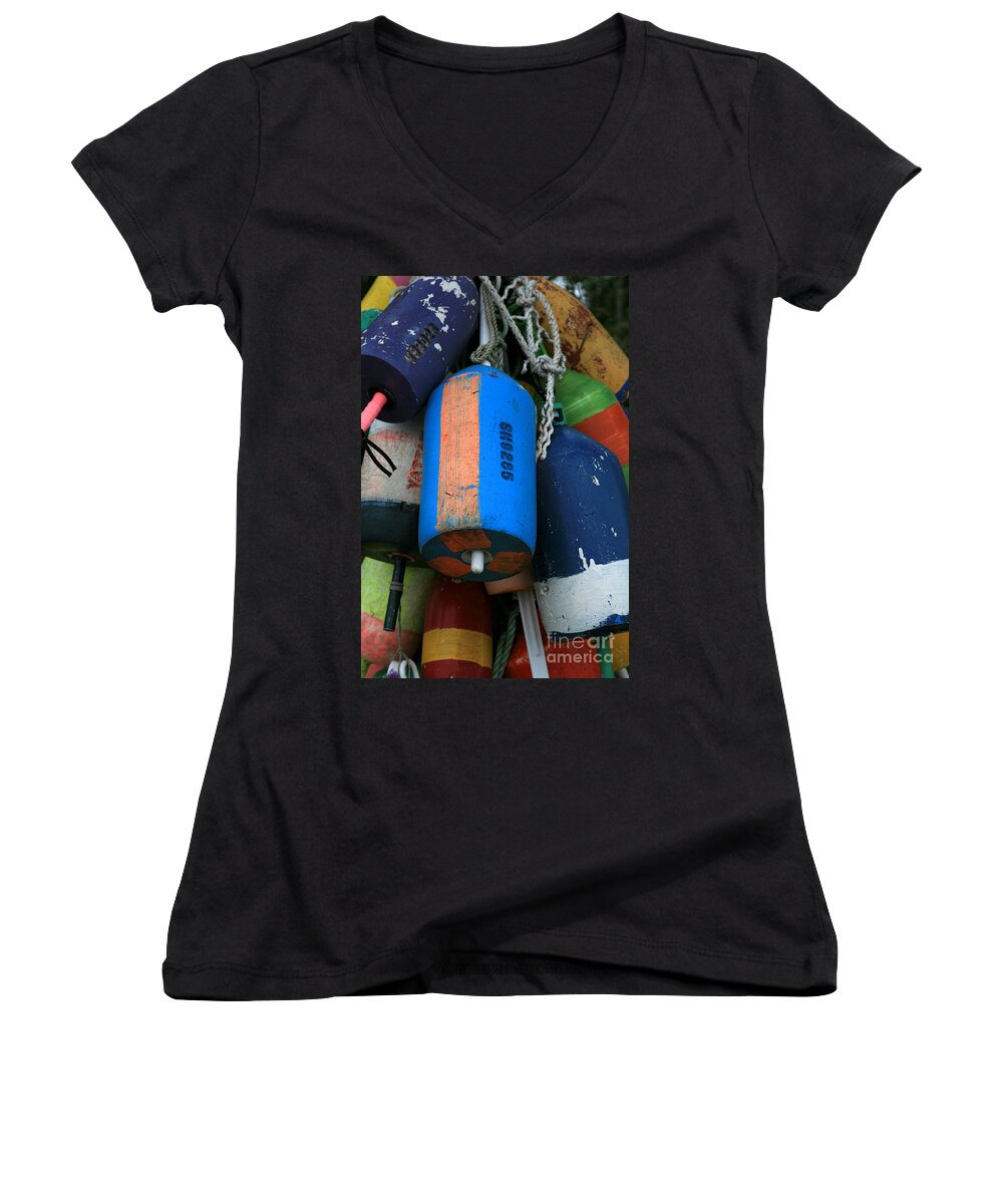 Buoys Women's V-Neck featuring the photograph Blue Buoys by Timothy Johnson