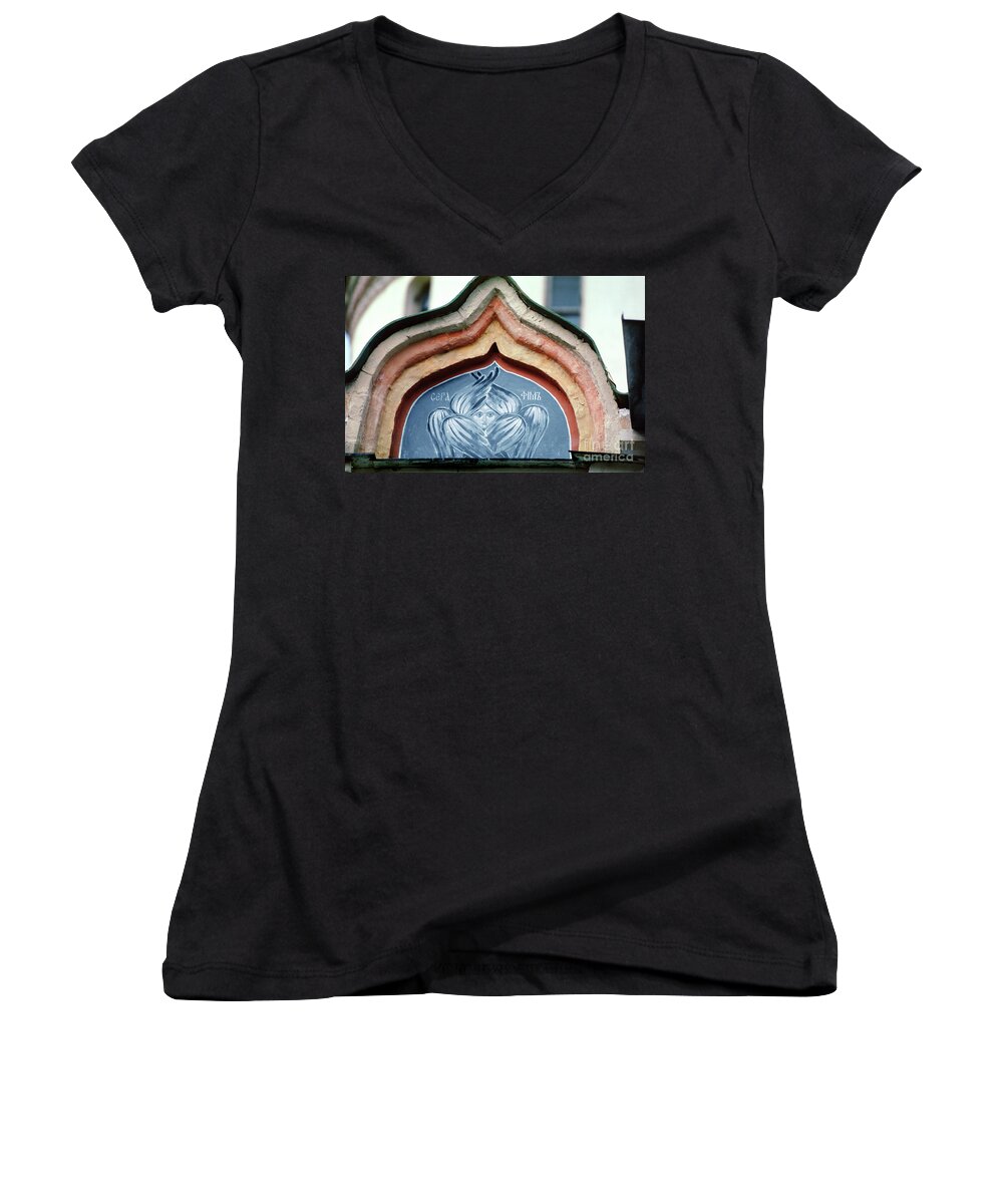 Trinity Lavra Of St. Sergius Women's V-Neck featuring the photograph Blue Icon at Trinity Lavra of St. Sergius in Sergiev Posad by Wernher Krutein