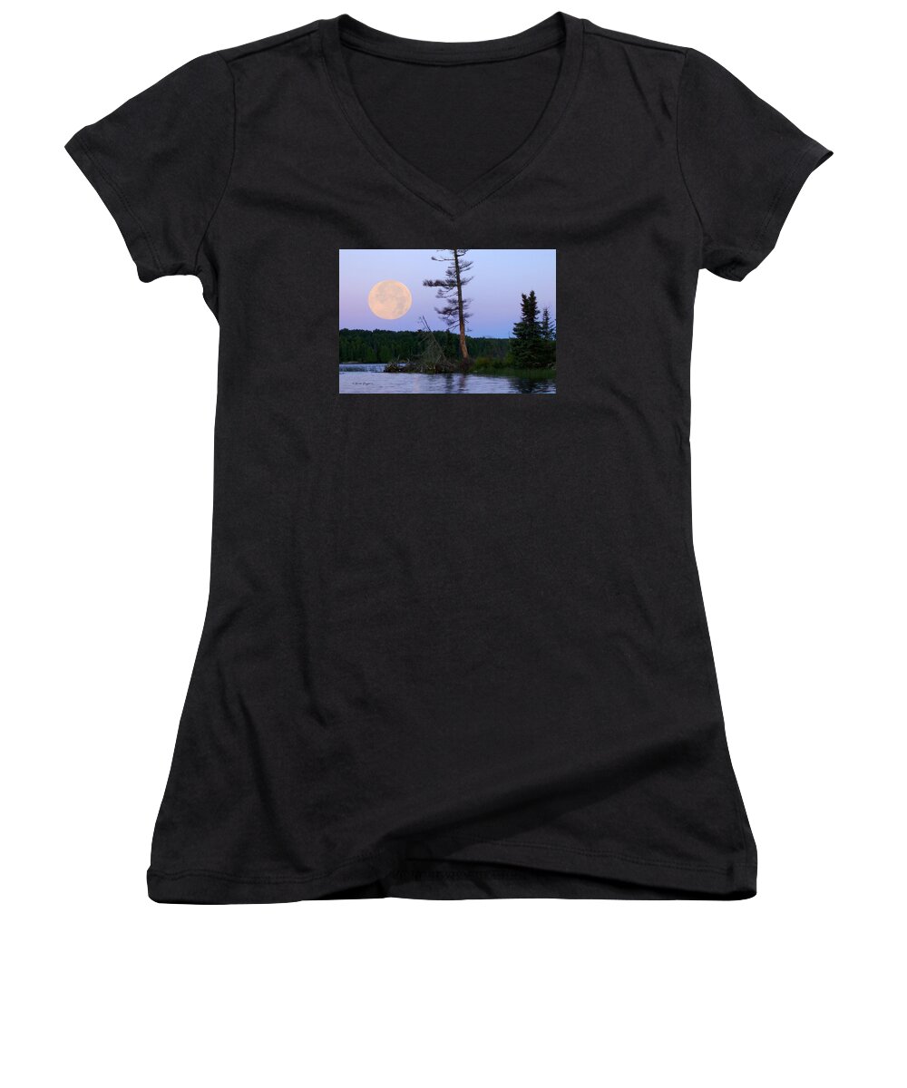 Moon Women's V-Neck featuring the photograph Blue Moon at Sunrise by Steven Clipperton