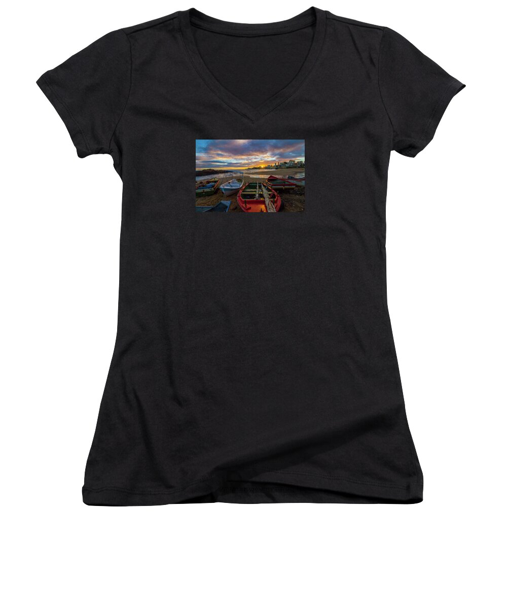 Travel Women's V-Neck featuring the photograph Boats At Sunset, Bahia, Brazil by Venetia Featherstone-Witty