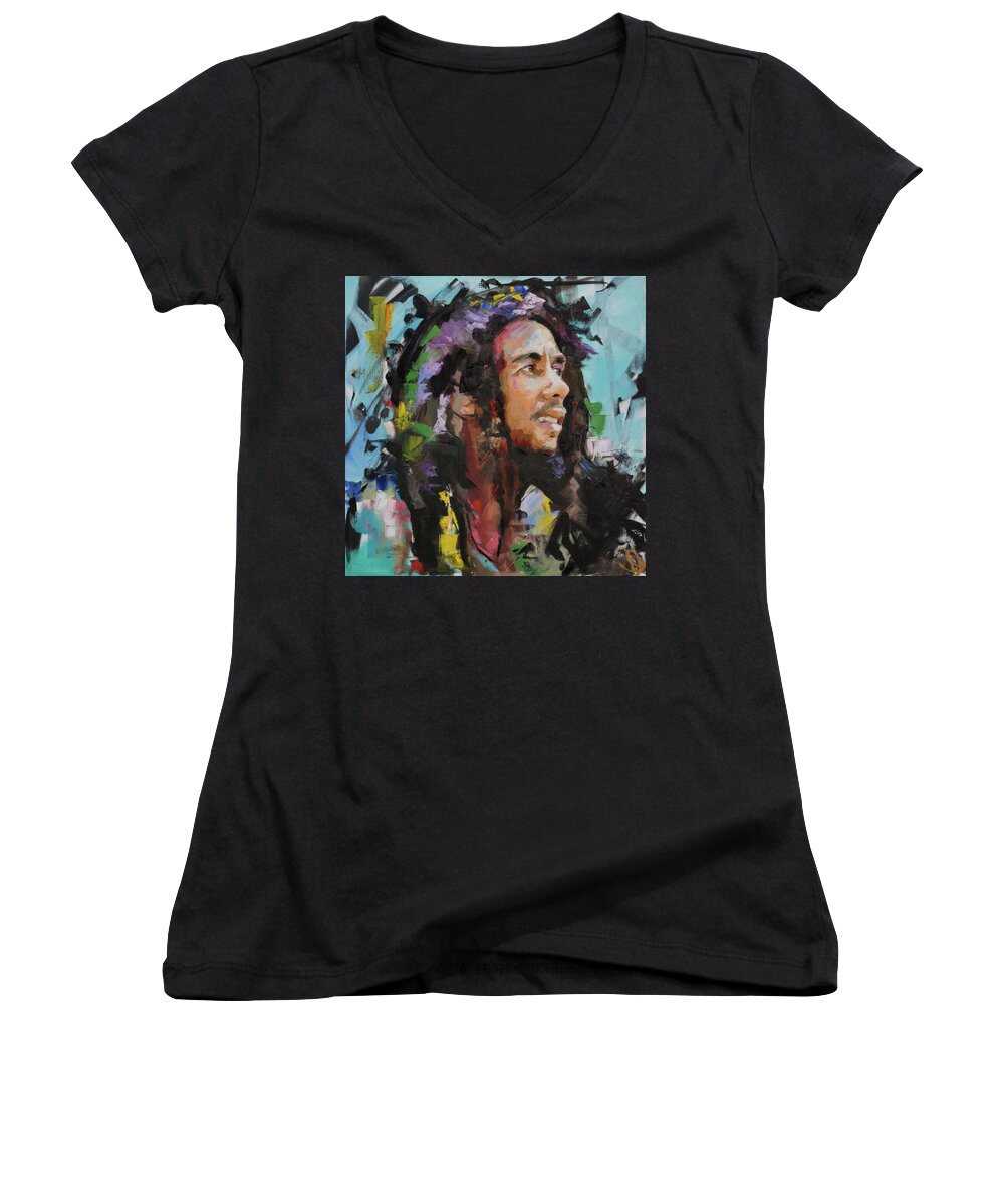 Bob Marley Women's V-Neck featuring the painting Bob Marley Portrait by Richard Day