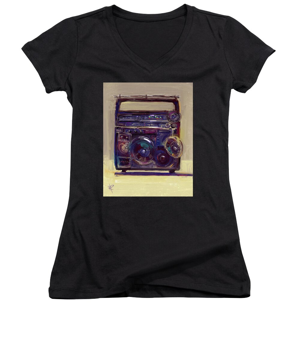 Boom Box Women's V-Neck featuring the mixed media Boom Box by Russell Pierce