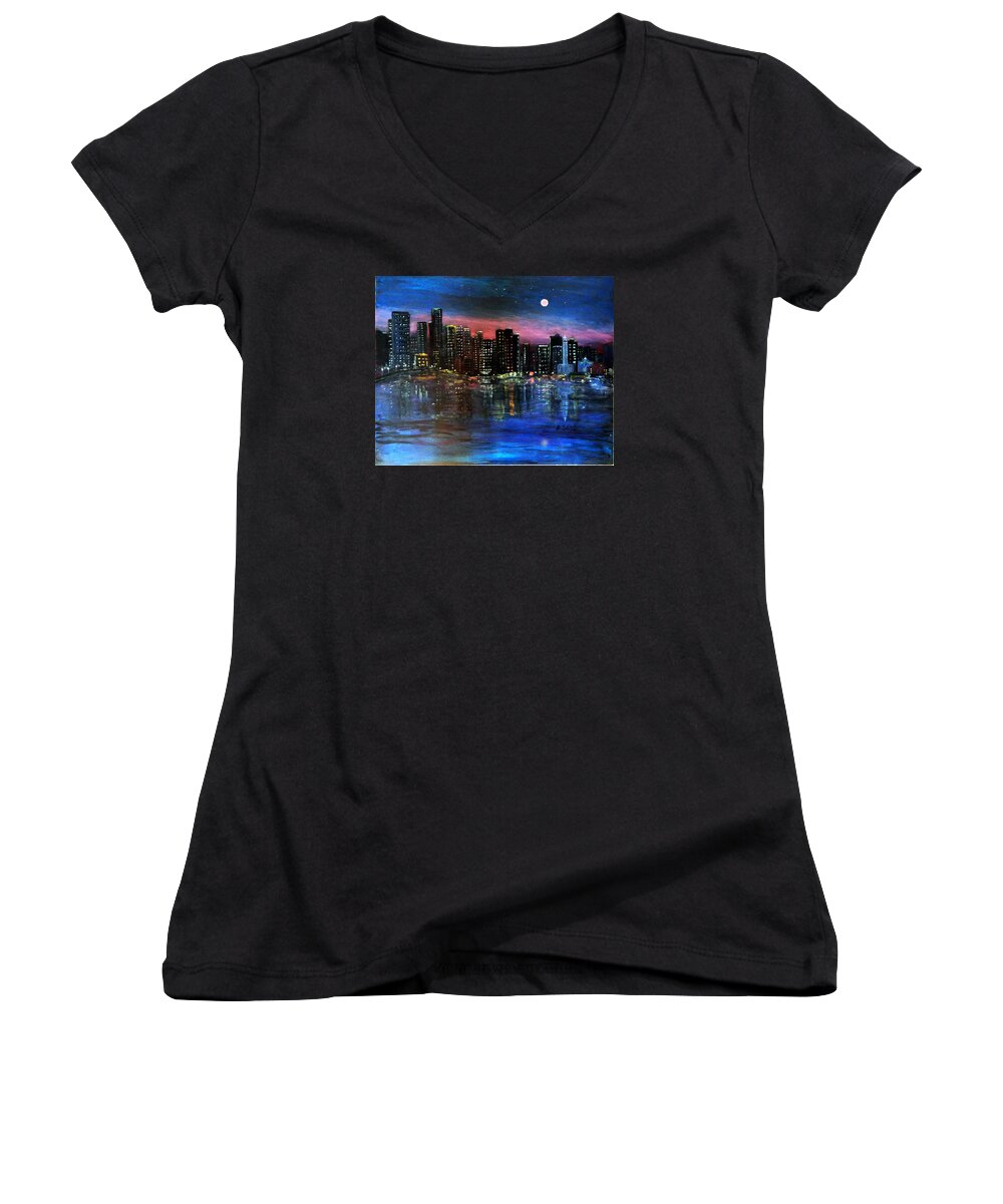 Boston Women's V-Neck featuring the painting Boston at Night by Anne Sands