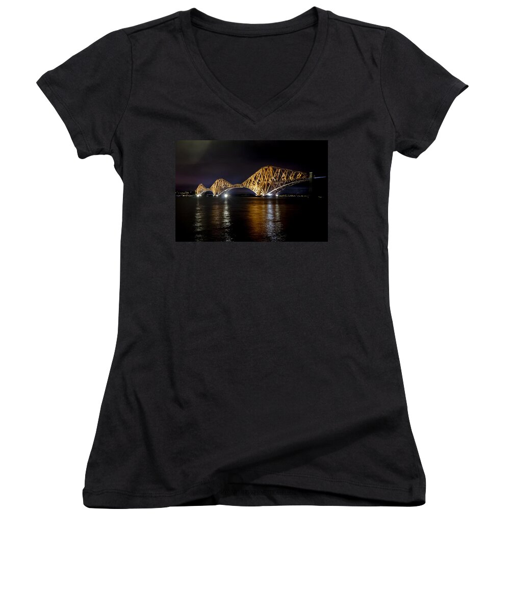 Water Women's V-Neck featuring the photograph Bridge over water lights. by Elena Perelman