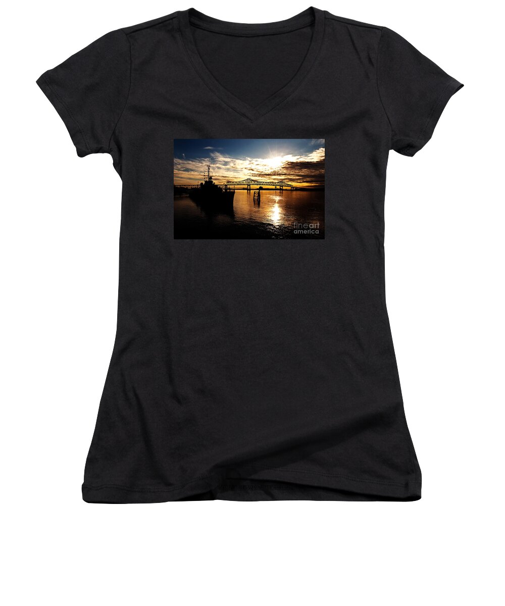 Sunset Women's V-Neck featuring the photograph Bright Time on the River by Scott Pellegrin