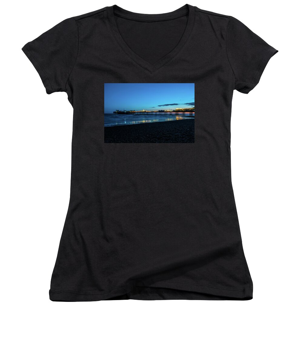 Pier Women's V-Neck featuring the photograph Brighton Pier at Sunset ix by Helen Jackson