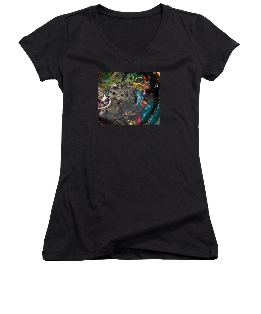 Abstract Expressionism Women's V-Neck featuring the painting Bucktooth Seal Reaching For Success by Gyula Julian Lovas