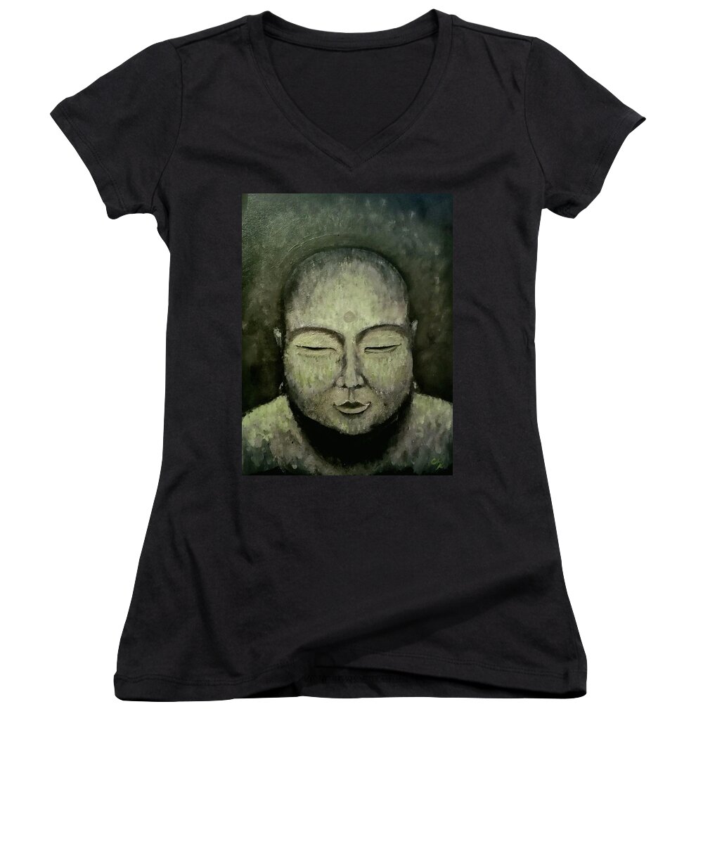 Buddha Women's V-Neck featuring the painting Buddha in Green by Carole Hutchison