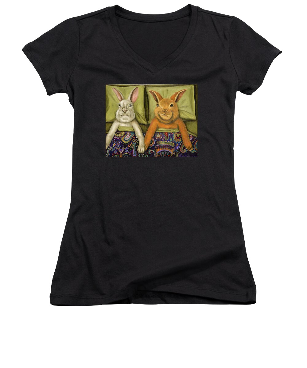 Rabbit Women's V-Neck featuring the painting Bunny Love by Leah Saulnier The Painting Maniac