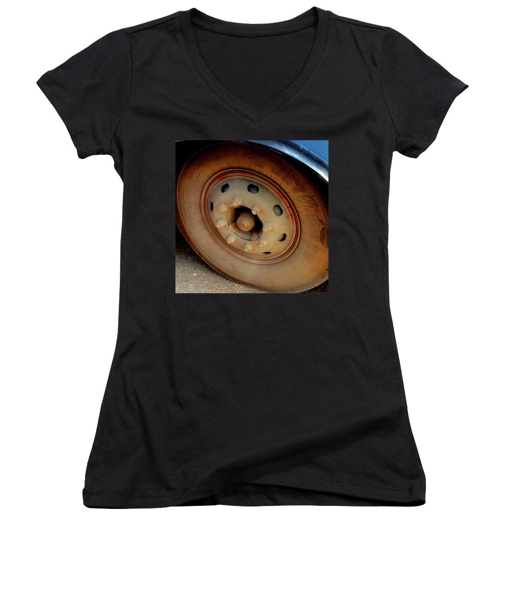 India Women's V-Neck featuring the photograph Bus Tyre by Misentropy