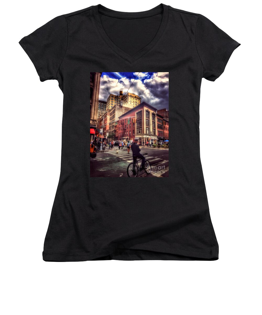 Busy Day In The City Women's V-Neck featuring the photograph Busy Day in the City by Miriam Danar