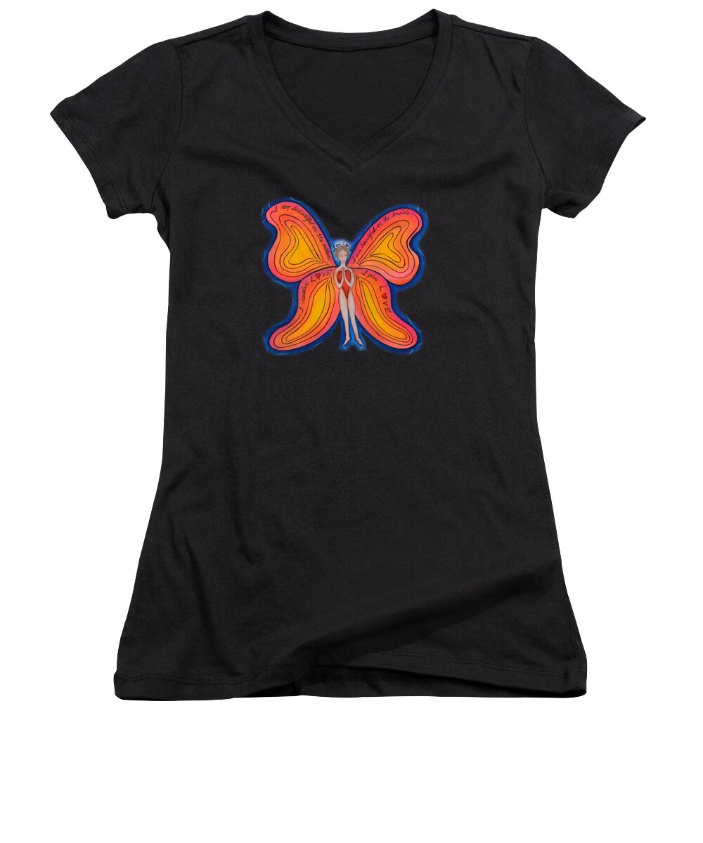Butterfly Canvas Prints Women's V-Neck featuring the painting Butterfly Mantra by Deborha Kerr