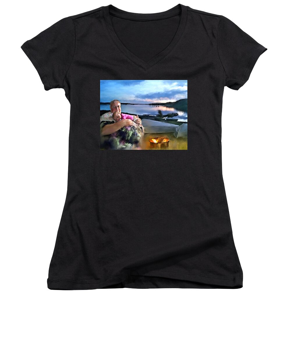  Women's V-Neck featuring the painting Camping with Grandpa by Susan Kinney