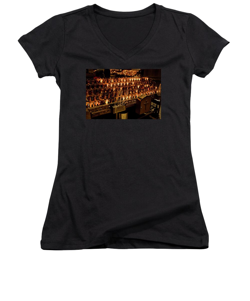New York City Women's V-Neck featuring the photograph Candle Offerings St. Patrick Cathedral by Lorraine Devon Wilke
