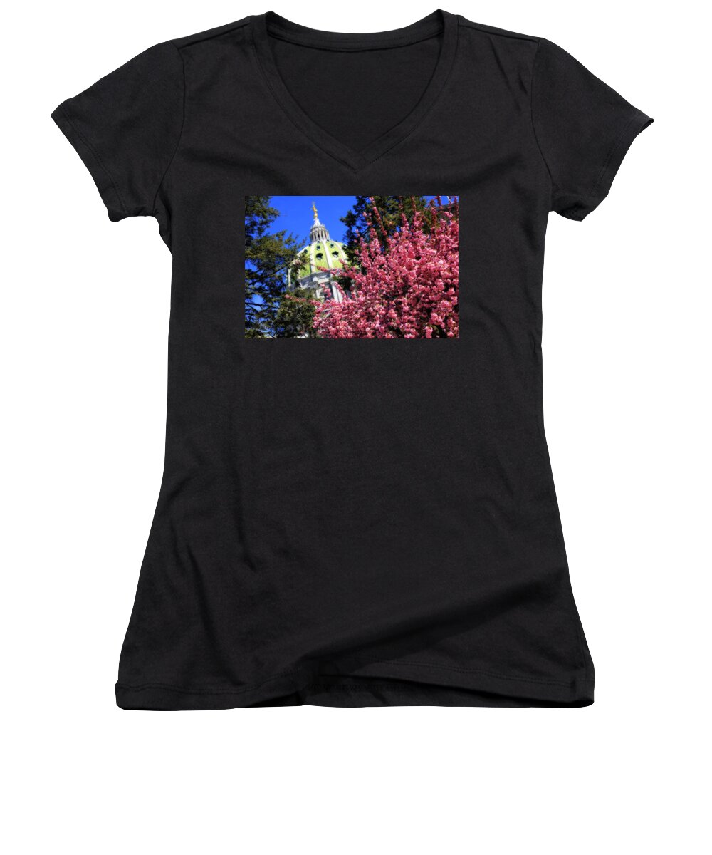 Pennsylvania Women's V-Neck featuring the photograph Capitol in Bloom by Shelley Neff