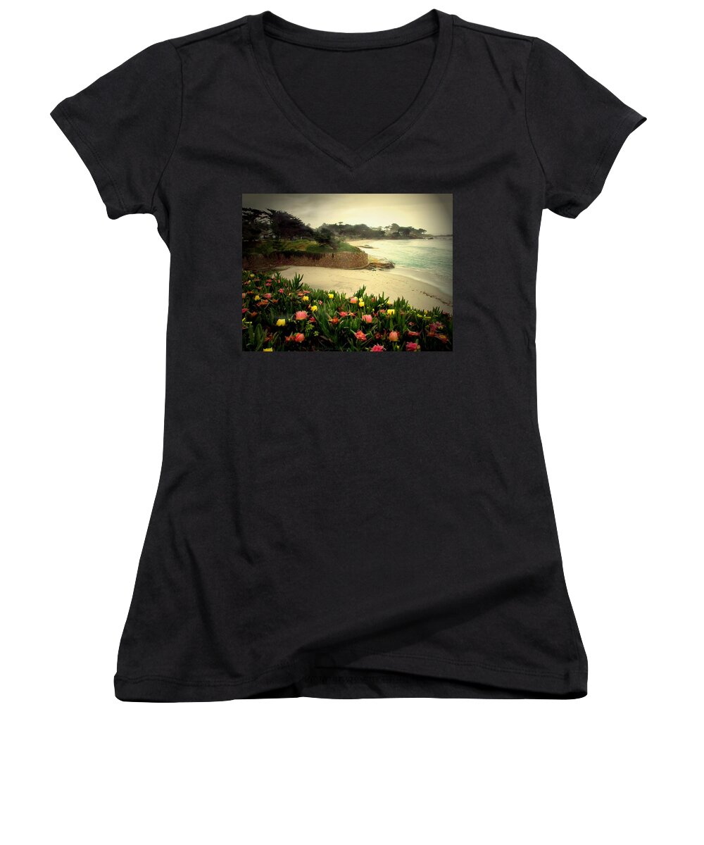 Beach Women's V-Neck featuring the photograph Carmel Beach And Iceplant by Joyce Dickens