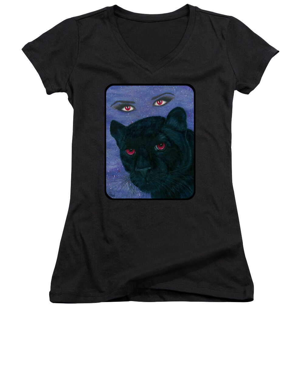 Black Cat Women's V-Neck featuring the painting Carmilla - Black Panther Vampire by Carrie Hawks