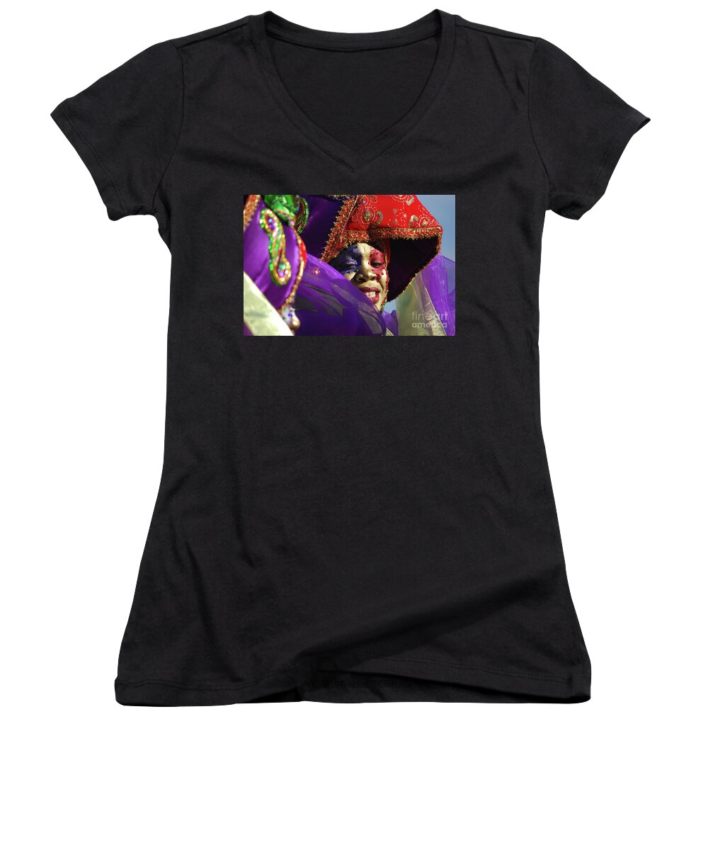  Women's V-Neck featuring the photograph Carnival Personified by Heather Kirk