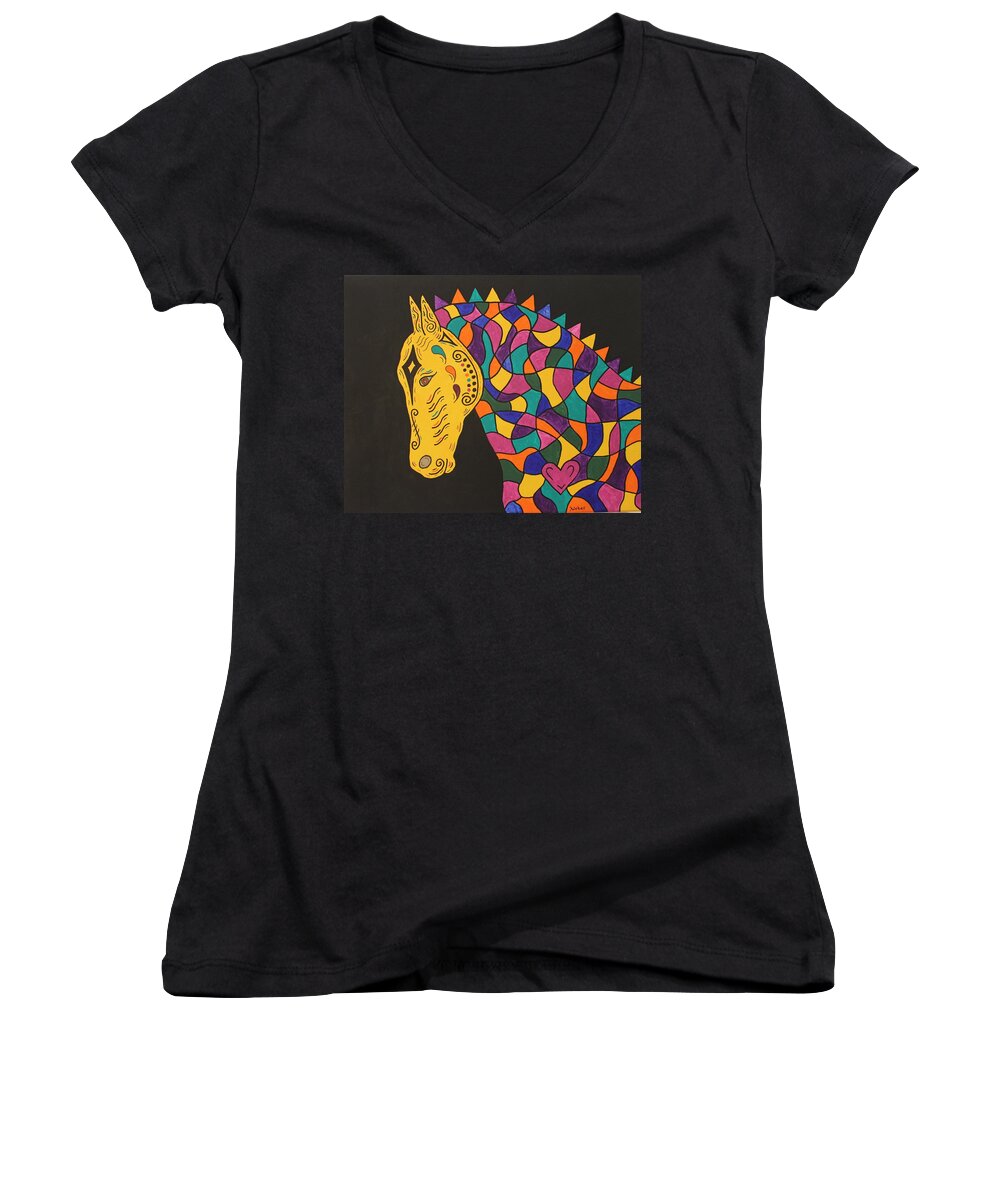 Horse Women's V-Neck featuring the painting Carnival Stained Glass Tribal Horse by Susie WEBER