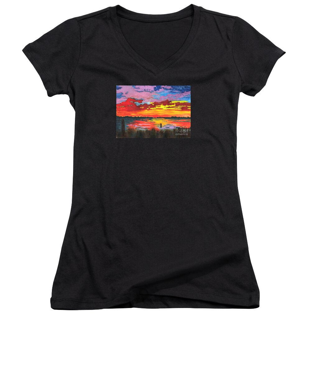 Original Painting Women's V-Neck featuring the painting Carolina Sunset by Patricia Griffin Brett