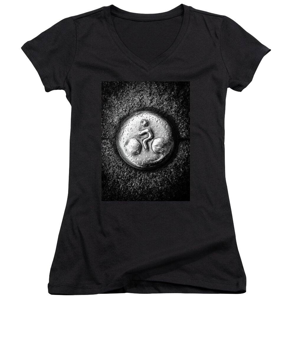 Seville Women's V-Neck featuring the photograph Carved bicycles by AM FineArtPrints