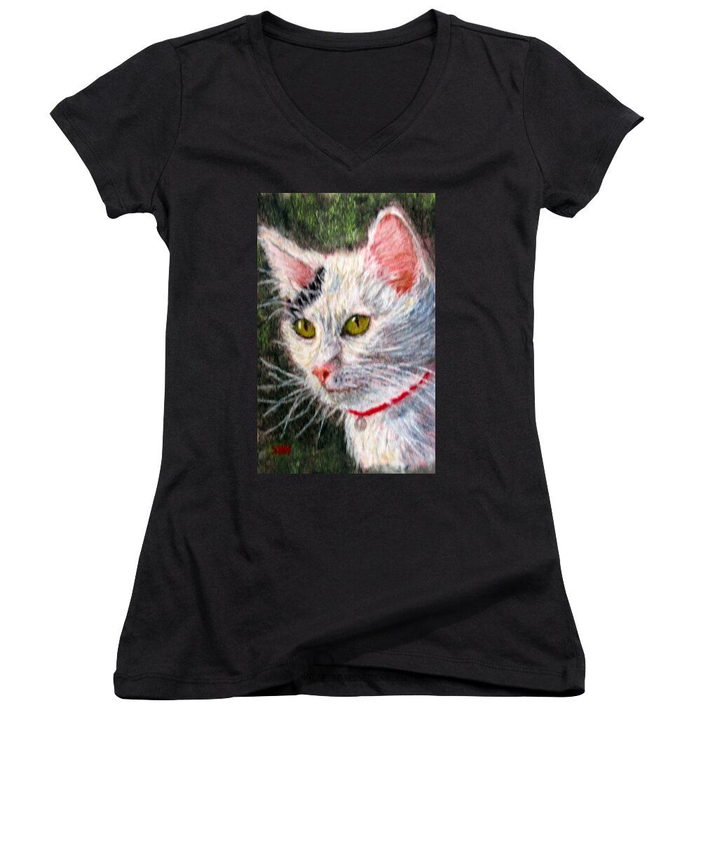 Cat Women's V-Neck featuring the pastel Cat-itude 4, Pleading by Sandy Hemmer