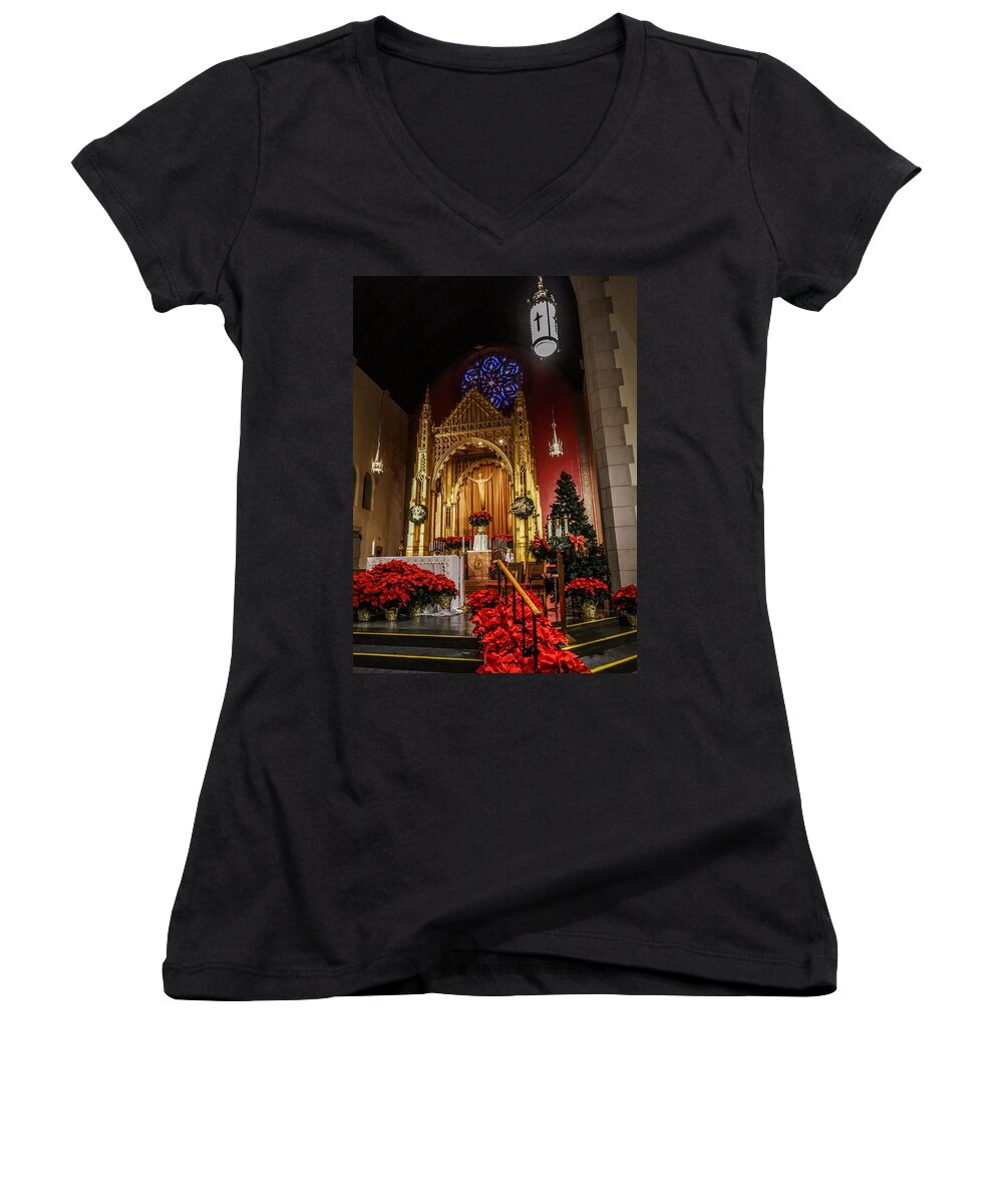  Women's V-Neck featuring the photograph Catholic Christmas by Kendall McKernon